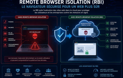 Comparaison des menaces en ligne avec et sans Remote Browser Isolation pour une navigation sécurisée.
