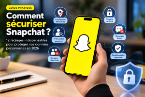 Sécuriser Snapchat en 2026 : smartphone affichant le logo Snapchat, entouré d’icônes de protection des données, de confidentialité et de sécurité du compte.