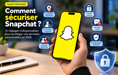 Sécuriser Snapchat en 2026 : smartphone affichant le logo Snapchat, entouré d’icônes de protection des données, de confidentialité et de sécurité du compte.